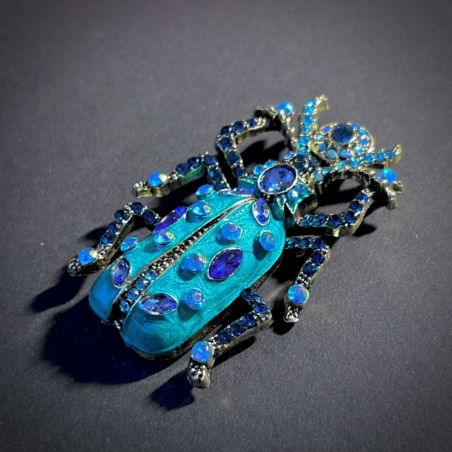 Happy Beetle Brooch with Turquoise Enamel & Rhinestones