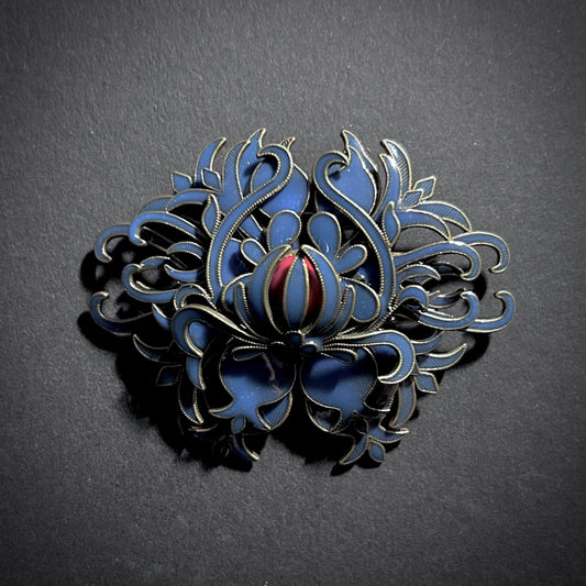 Art Nouveau Intricate Petrol Enamel & Gold Brooch