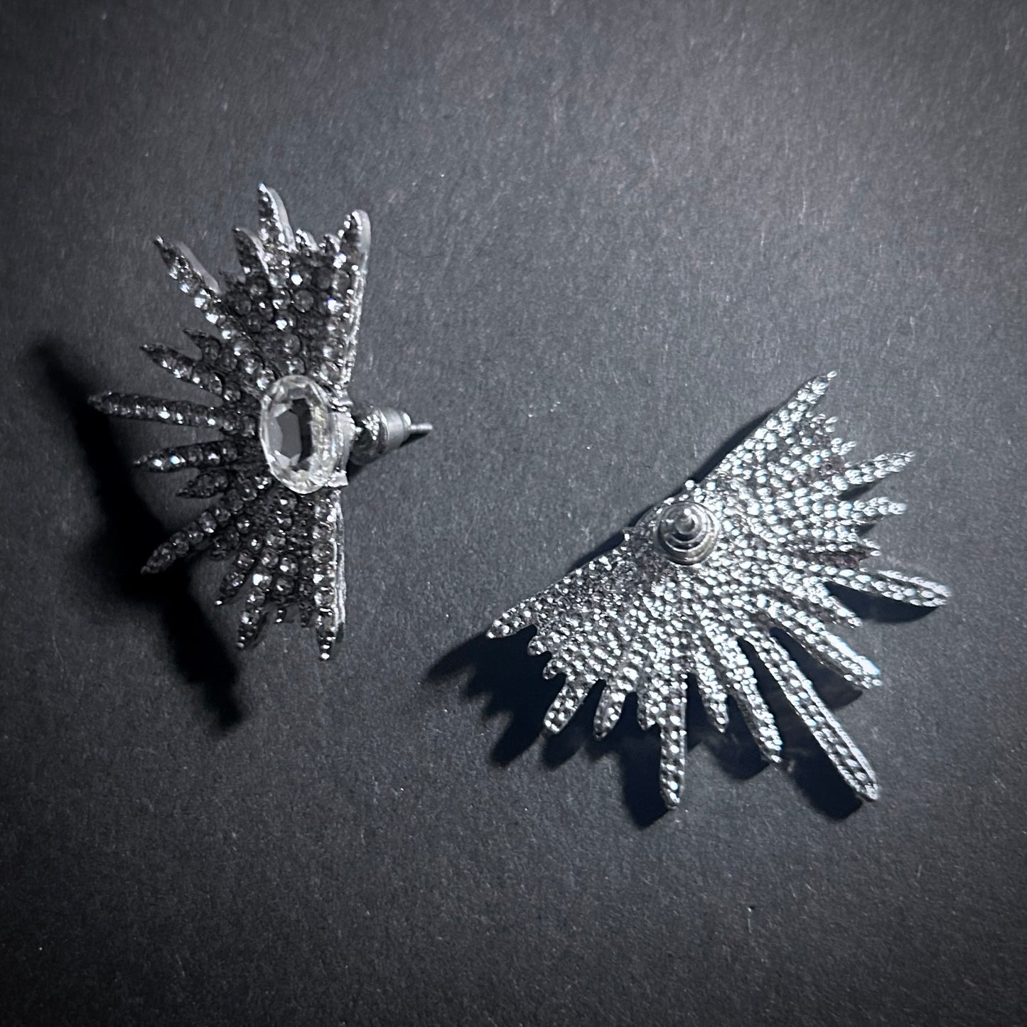 Spike Fan Earrings in Silver & Clear Rhinestones