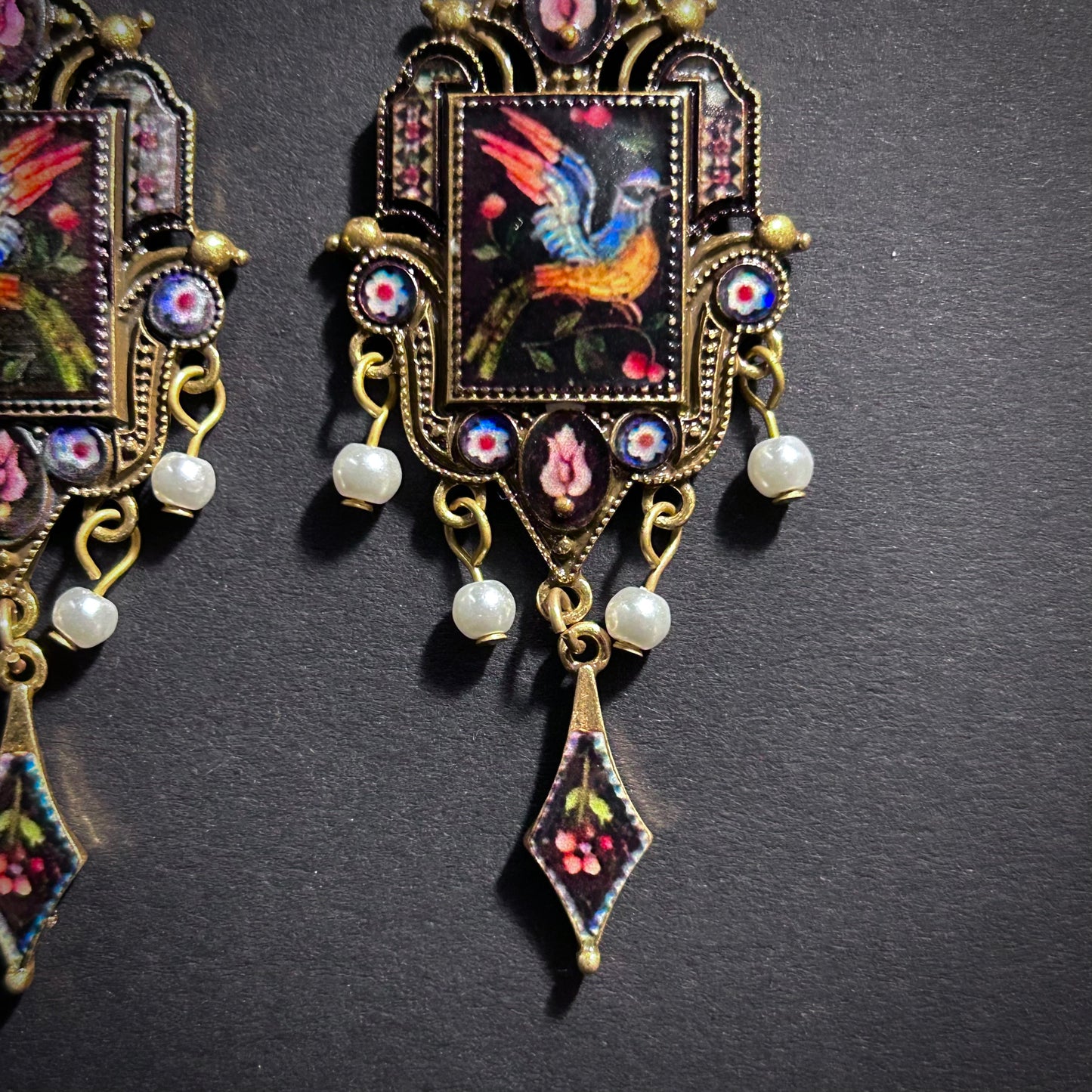 Art Nouveau Black Bird Enamel Miniature Painting & Milgrain Earrings