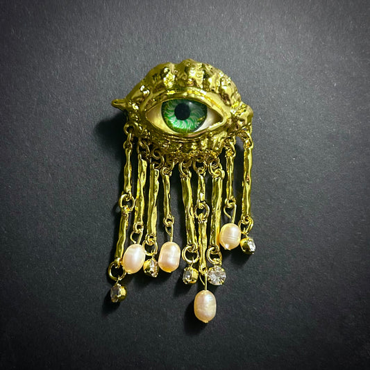 Green Eyes & Baroque Pearl Gold Fringe Surrealist Brooch