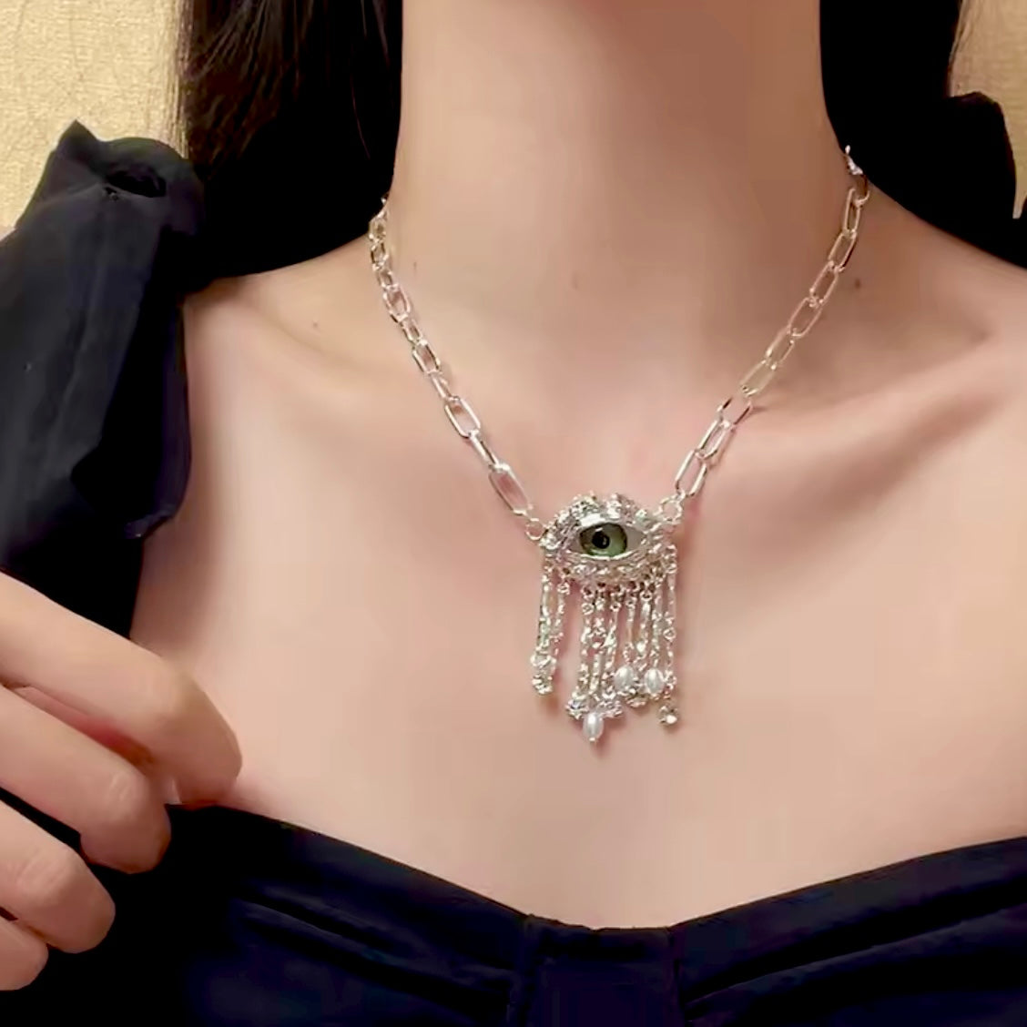 Green Eyes & Baroque Pearl Silver Fringe Pendant Surrealist Necklace