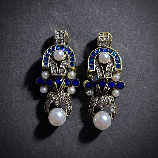 Art Deco Pearl & Turquoise Gold Earrings