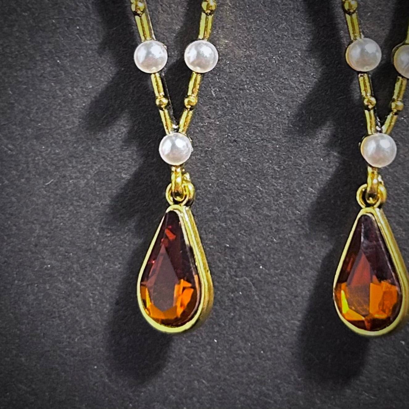 Art Nouveau Amber Brown Rhinestone & White Pearl Gold Earrings