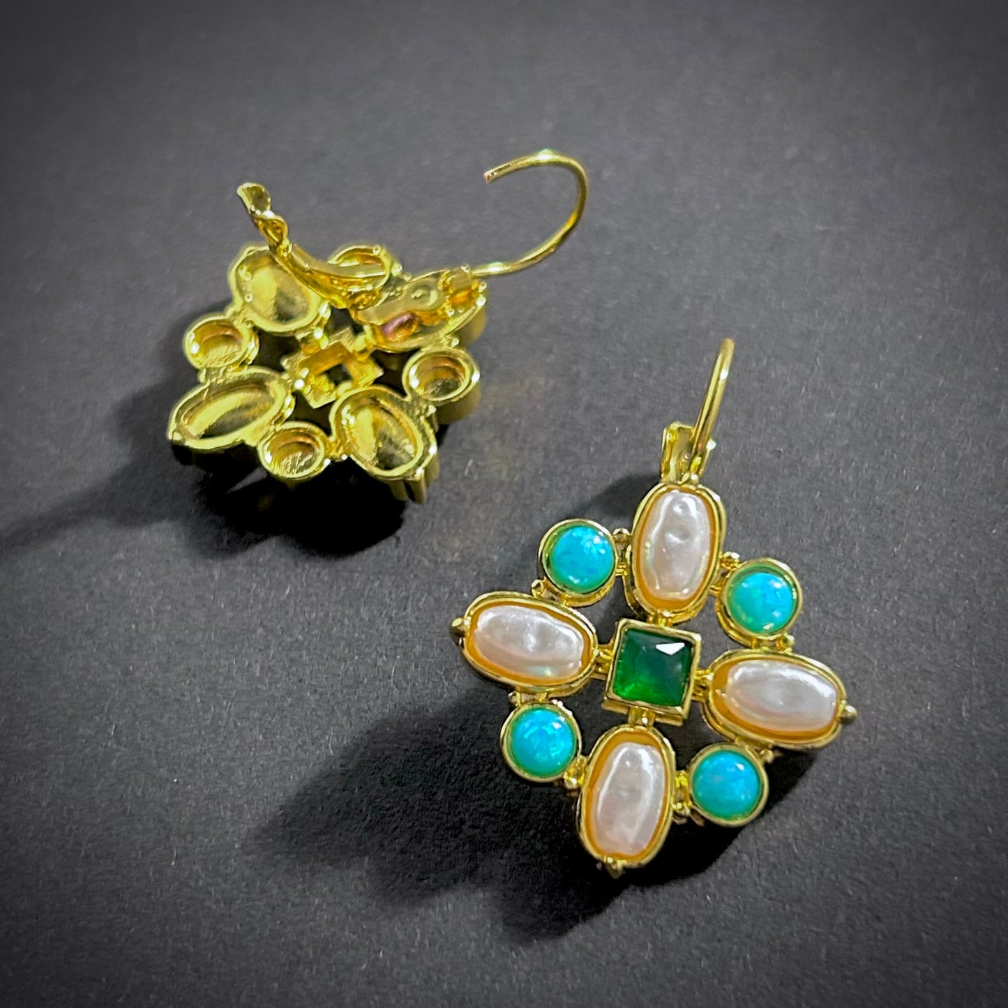 Art Nouveau Baroque Pearl & Turquoise Cross Gold Earrings