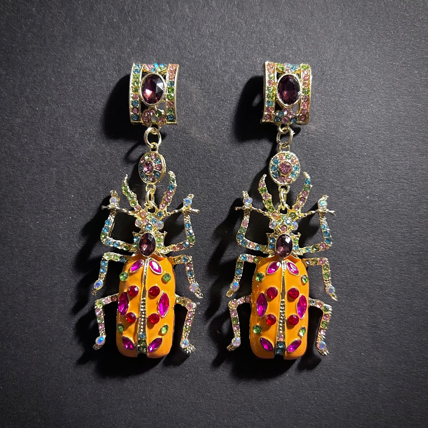 Happy Beetle Statement Earrings with Orange Enamel & Rhinestones