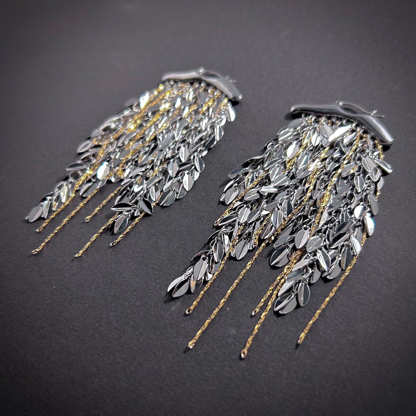 Leaves & Chain Organic Shaped Mixed Metal Tassel Statement Earrings