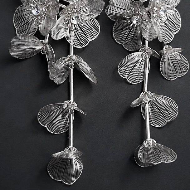 Light Flower Cluster Falling Petals Dangle Earrings in Silver