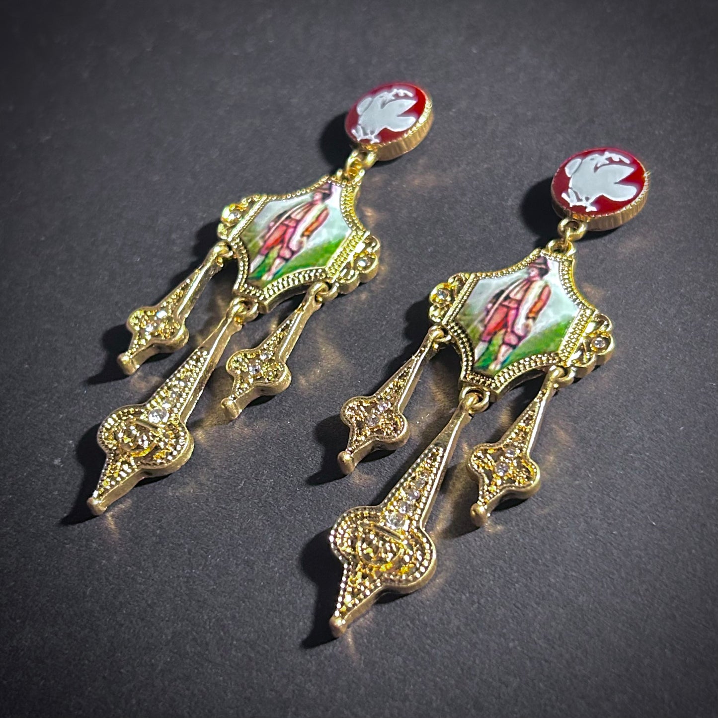 Art Nouveau Enamel Miniature Painting & Milgrain Chandelier Earrings