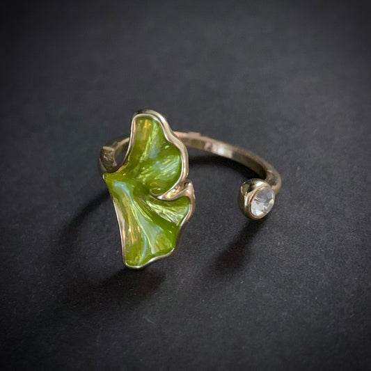 Ginkgo Leaf Enamel & Rhinestone Ring