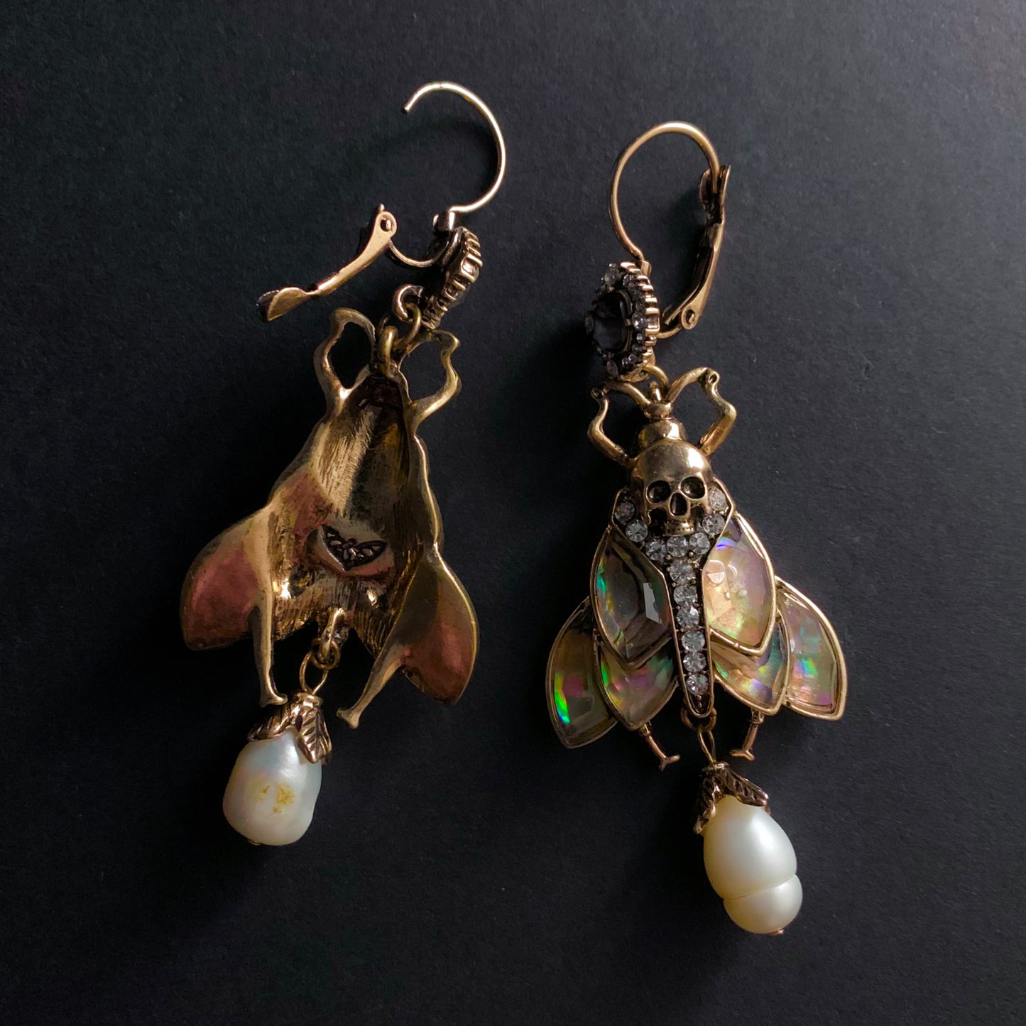 Moth, Skull & Baroque Pearl Abalone Statement Earrings