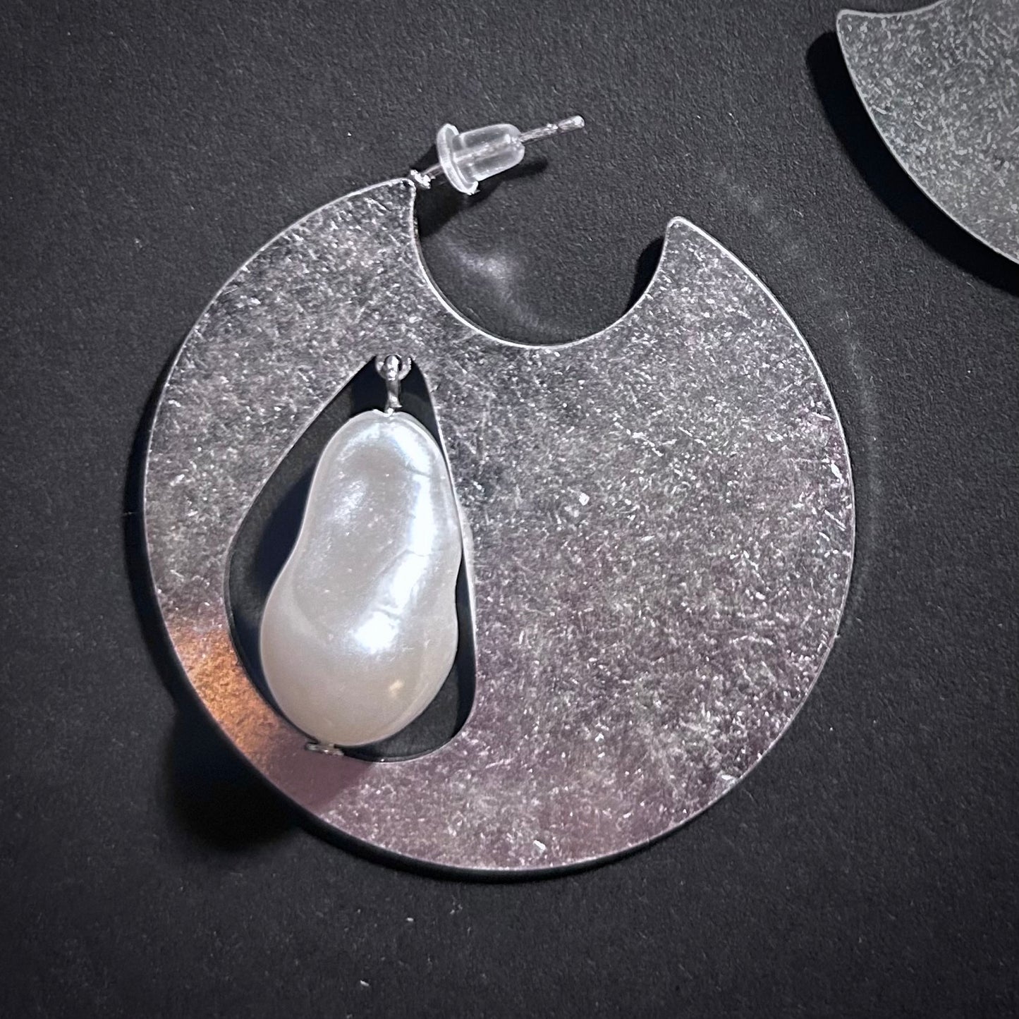 Silver Solid Circle & White Teardrop Baroque Pearl Earrings