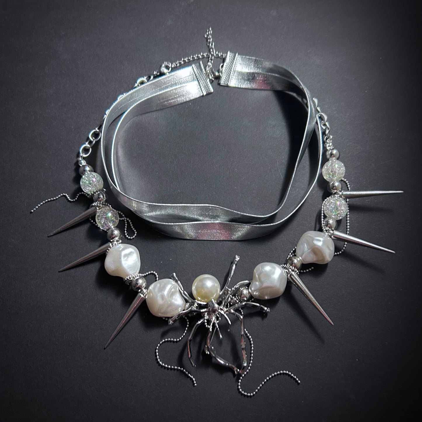 Spider, Spikes & Baroque Pearl Silver Punk Choker Necklace