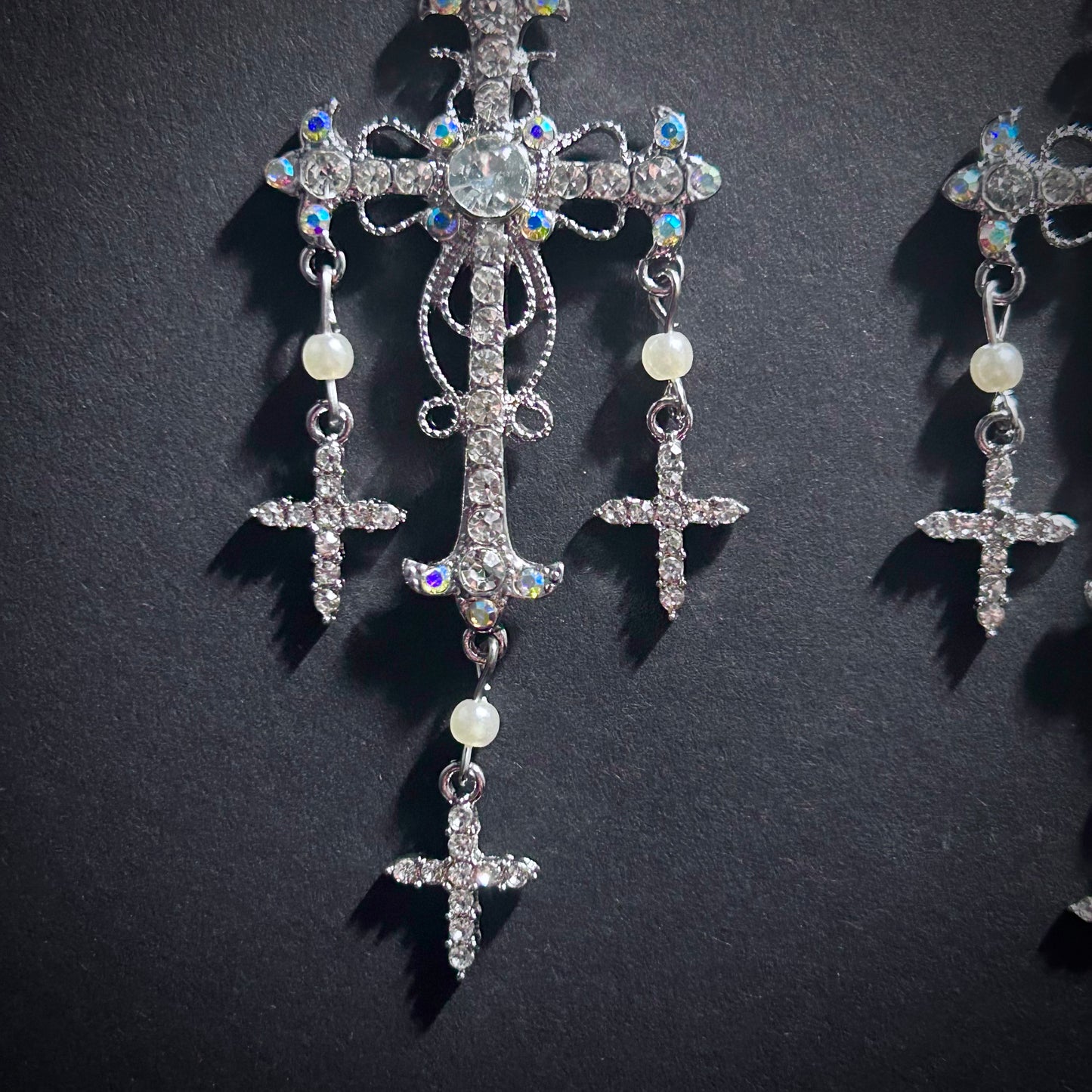 Cross Chandelier Earrings in Silver & Rhinestones