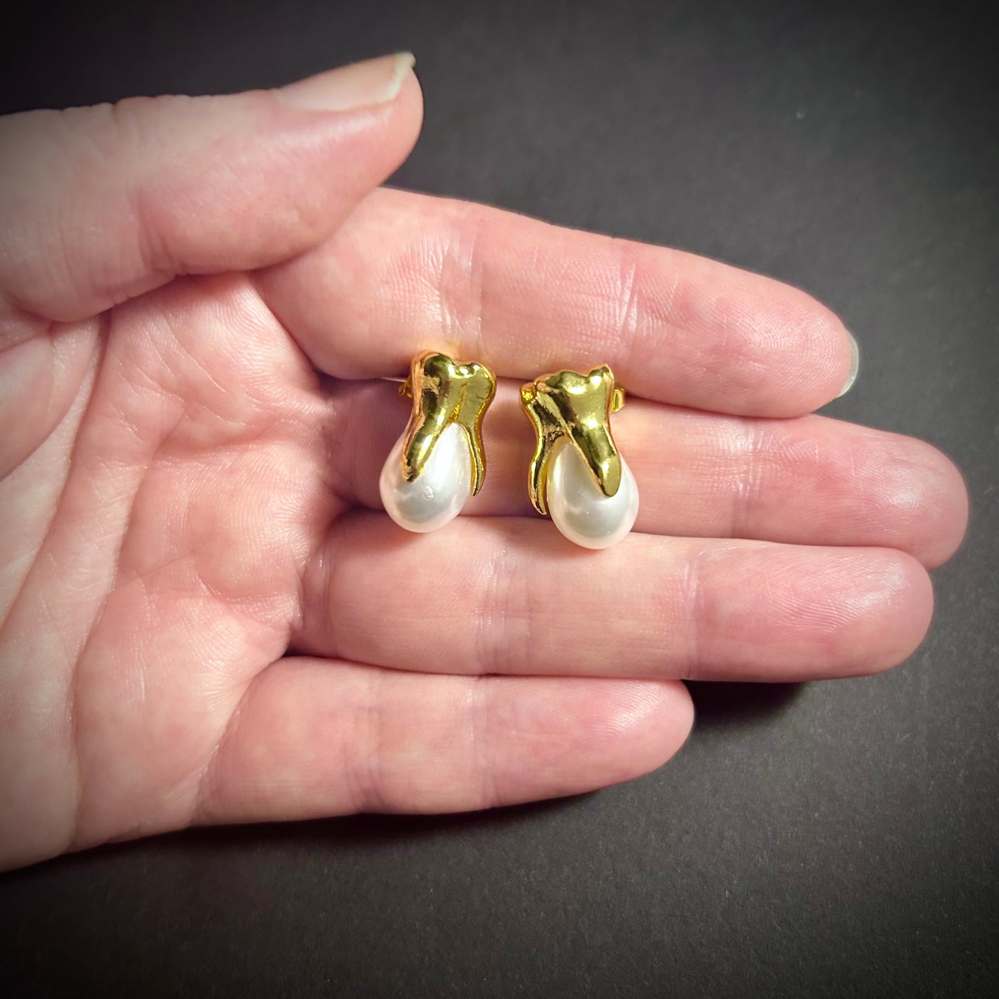 Gold Tooth & White Pearl Stud Earrings