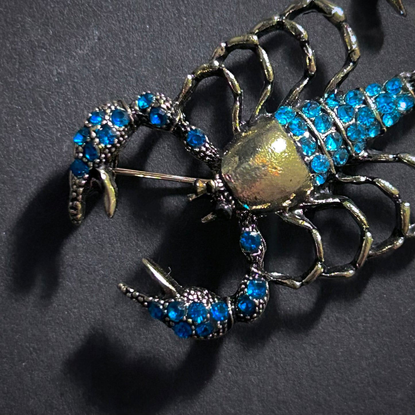 Gold Scorpion Brooch with Turquoise & Clear Rhinestones