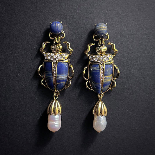 Scarab & Baroque Pearl Lapis Lazuli Blue Earrings