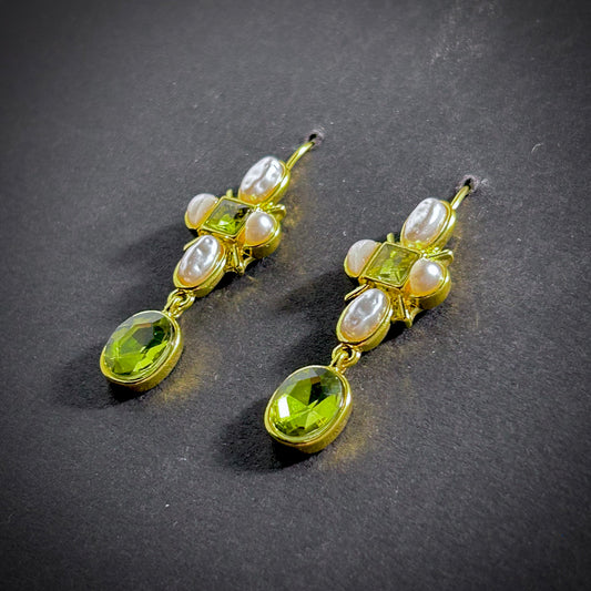 Art Nouveau Baroque Pearl Earrings in Apple Green & Gold