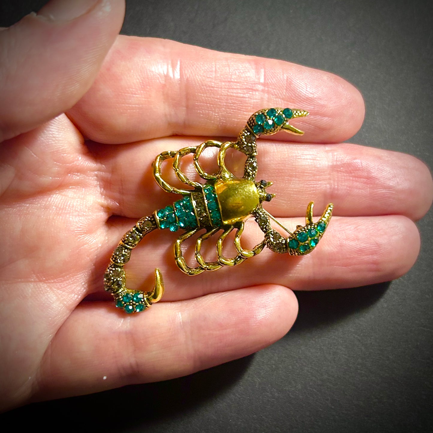 Gold Scorpion Brooch with Turquoise & Clear Rhinestones