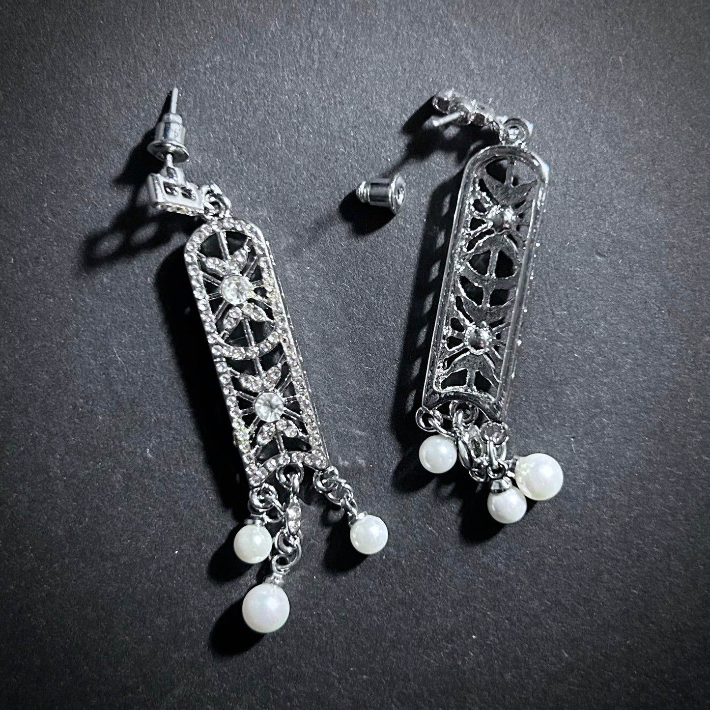 Long Rectangle Art Deco/Art Nouveau Pearls & Cubic Zirconia Silver Earrings