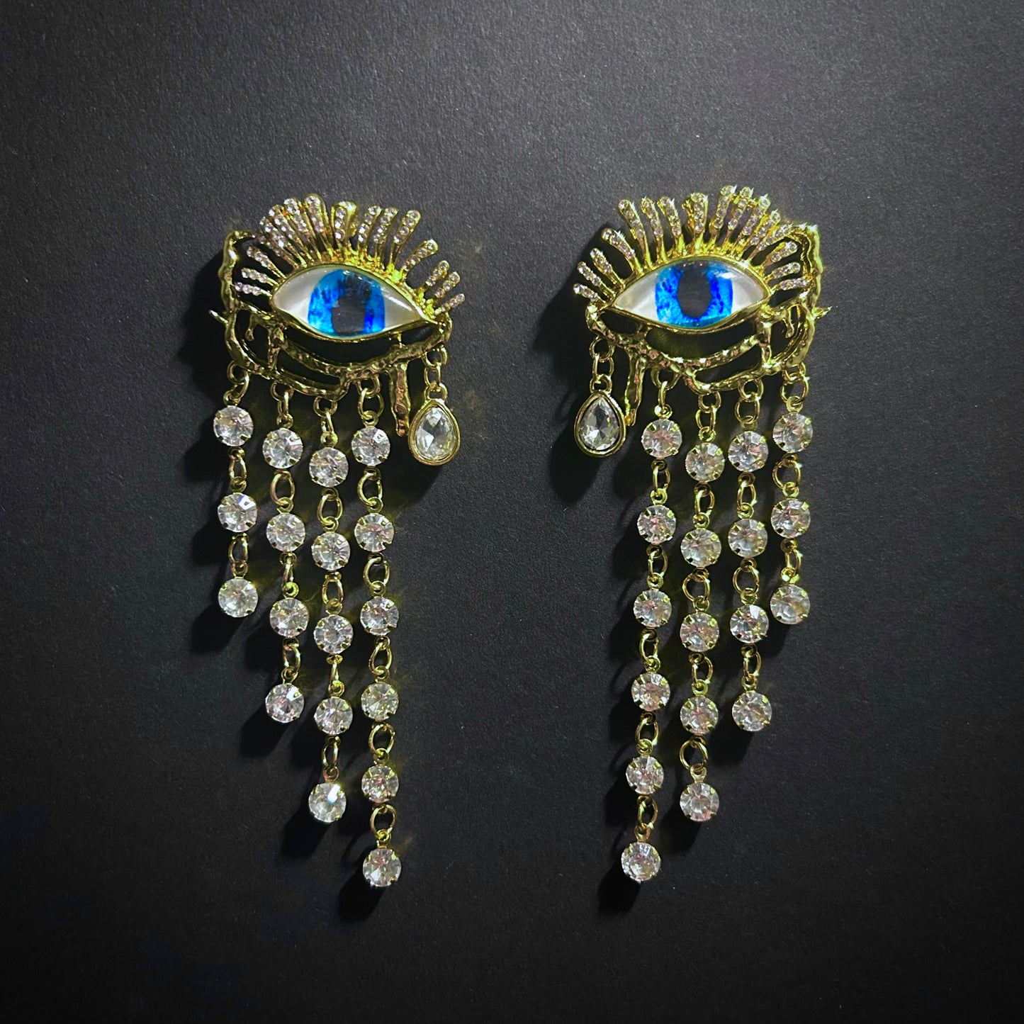 Blue Eye & Long Rhinestone Fringe Gold Earrings