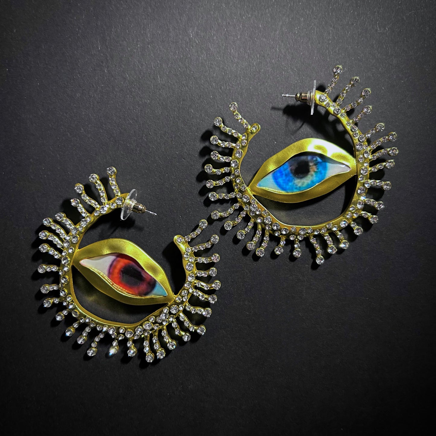 Blue & Brown Eyes Rhinestone Radiant Gold Hoop Surrealist Earrings