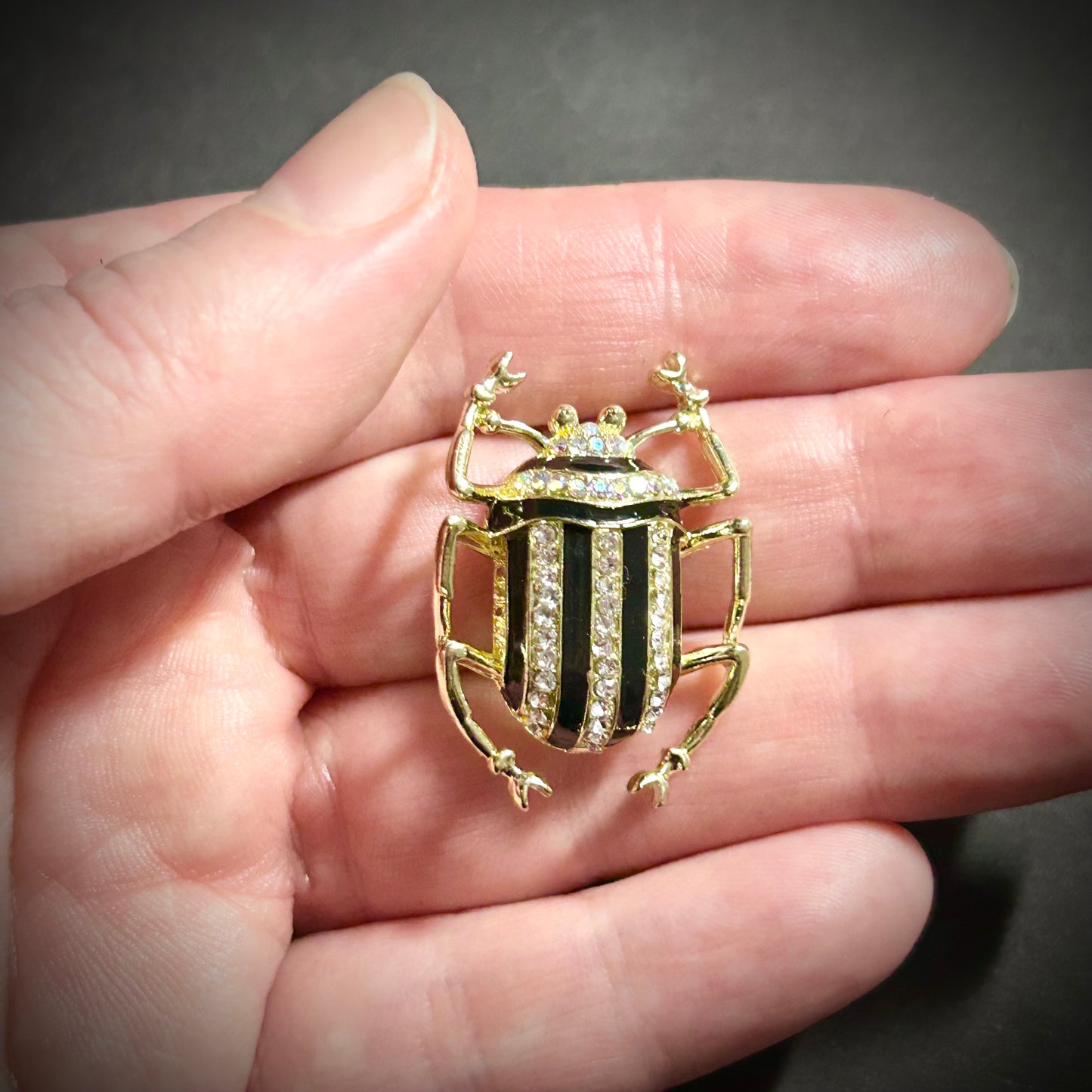 Art Deco Black Enamel & Rhinsestone Gold Beetle Brooch