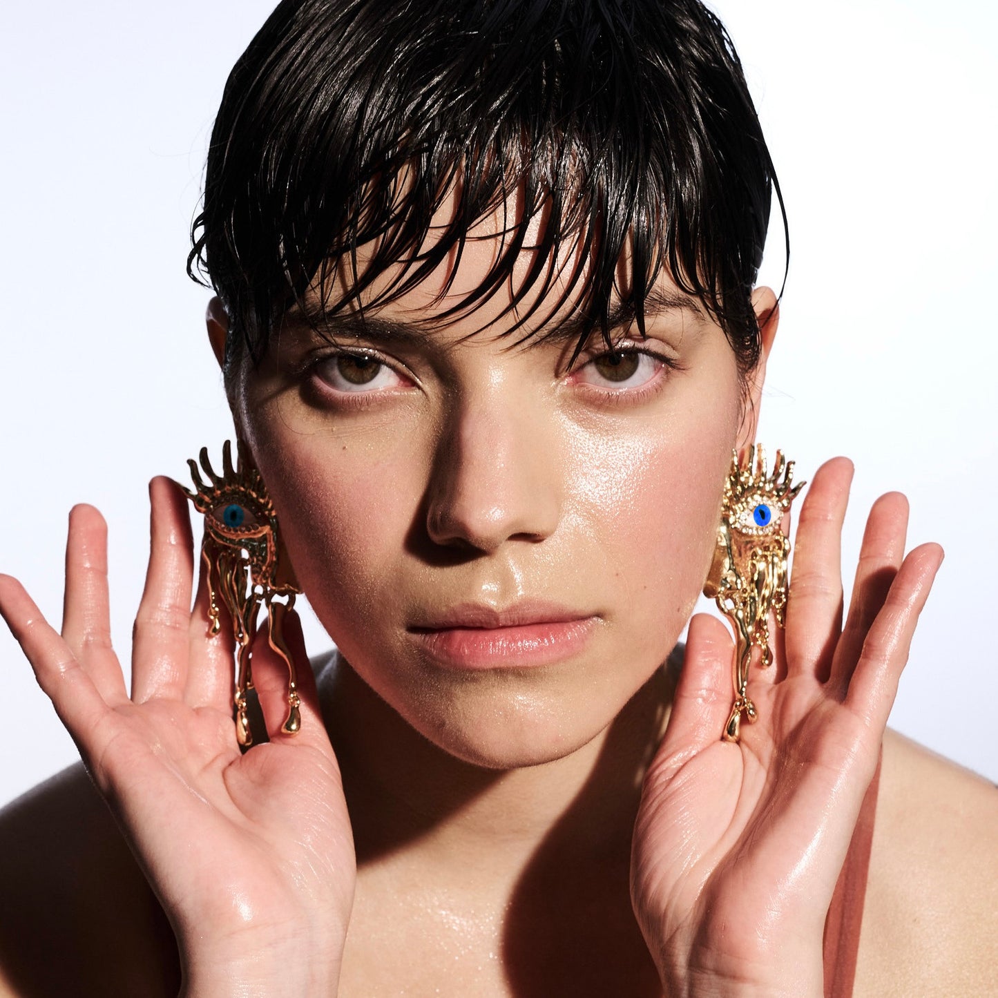 Blue Eyes & Dripping Metal Gold Fringe Surrealist Earrings