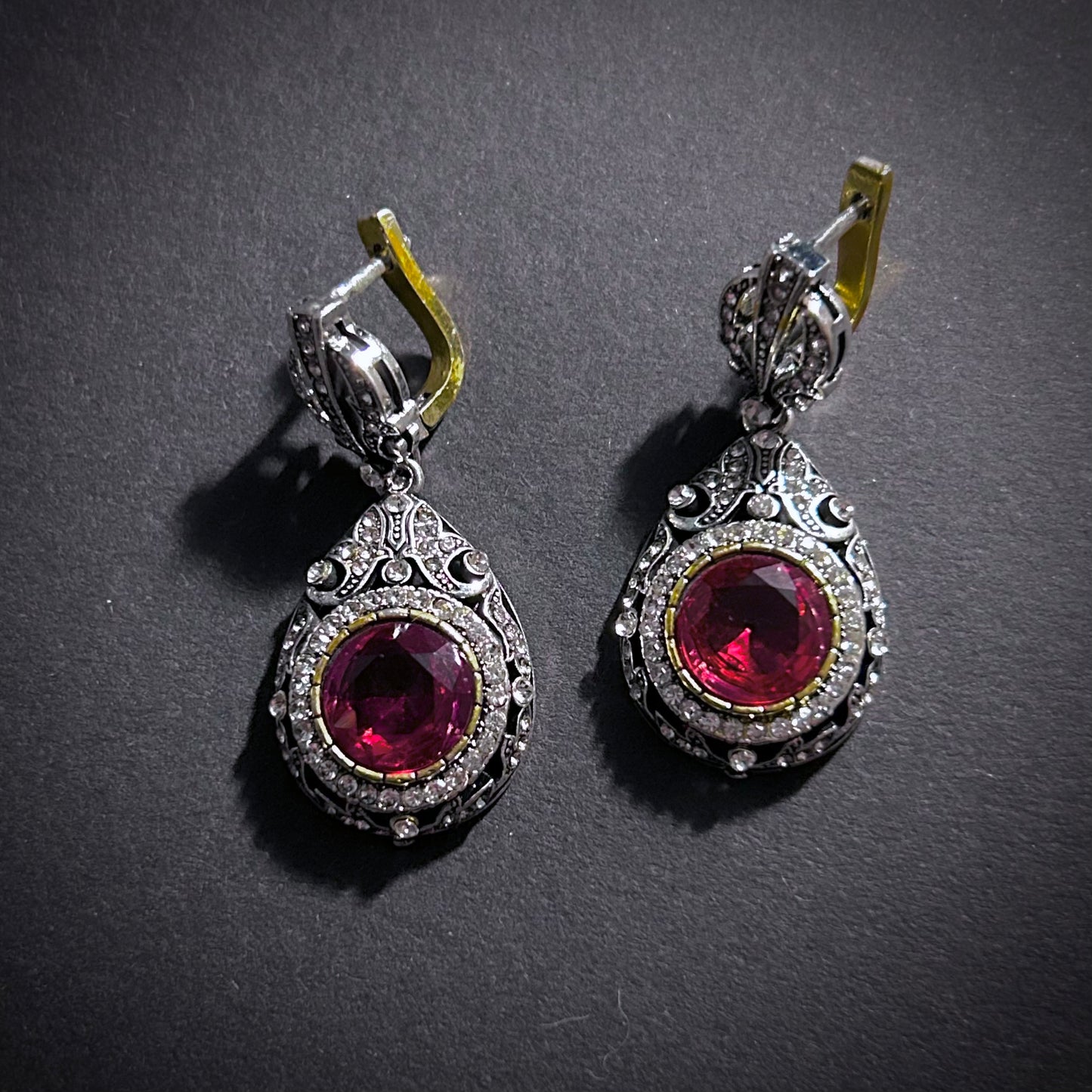 Victorian Ruby Filigree & Milgrain Mixed Metals Earrings