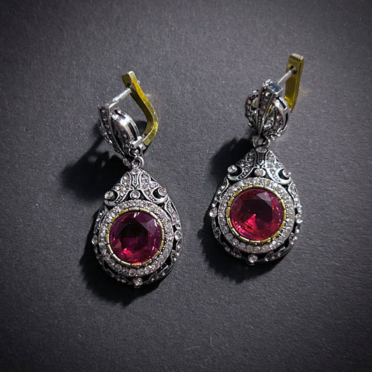 Victorian Ruby Filigree & Milgrain Mixed Metals Earrings