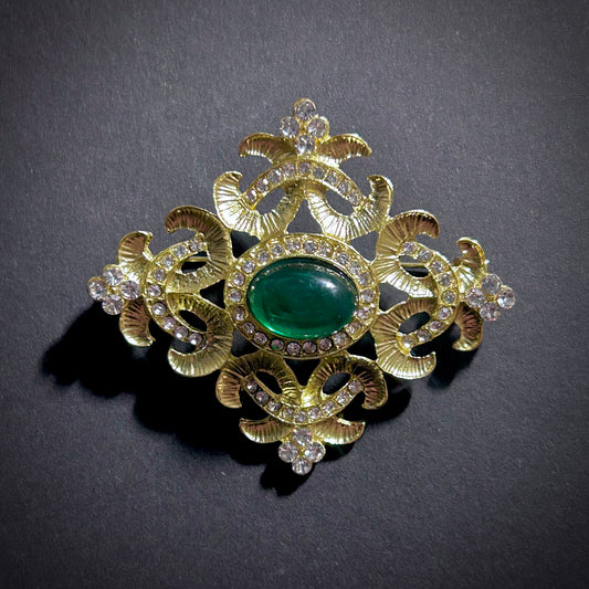Gold & Green Rhinestone Ornate Brooch