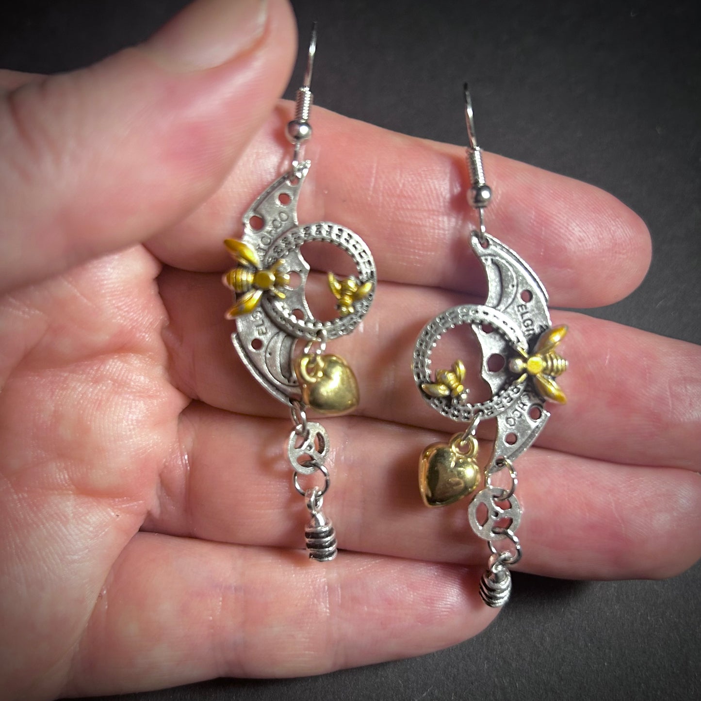 Mixed Metal Watch Parts & Bees Steampunk Earrings