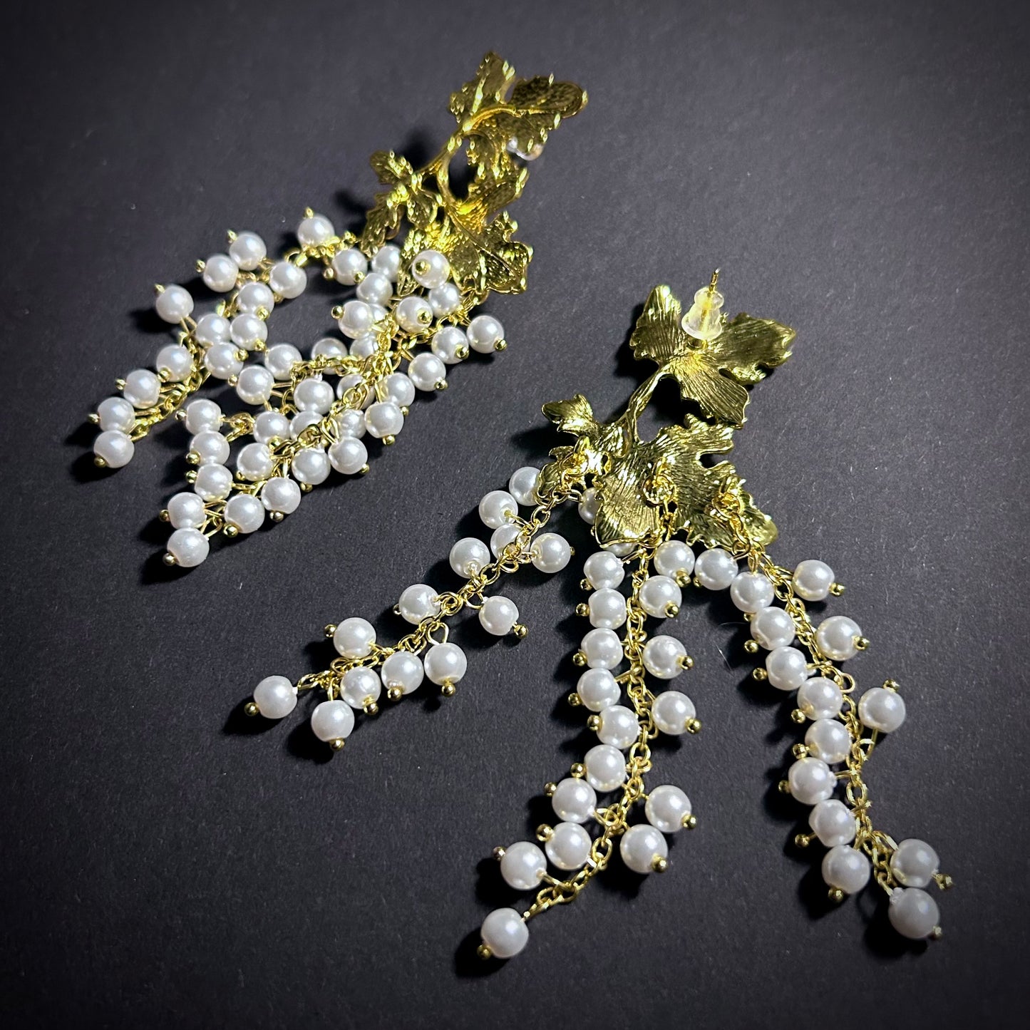 Gold Leaf & Grape White Pearl Earrings