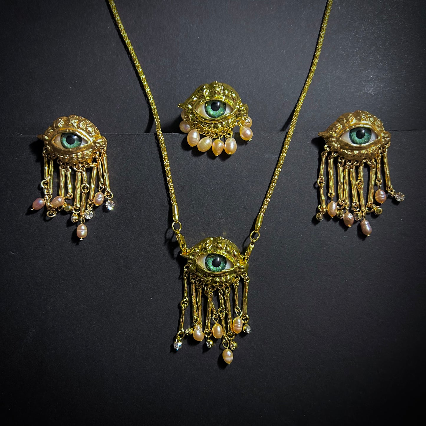 Green Eyes & Baroque Pearl Gold Fringe Pendant Surrealist Necklace