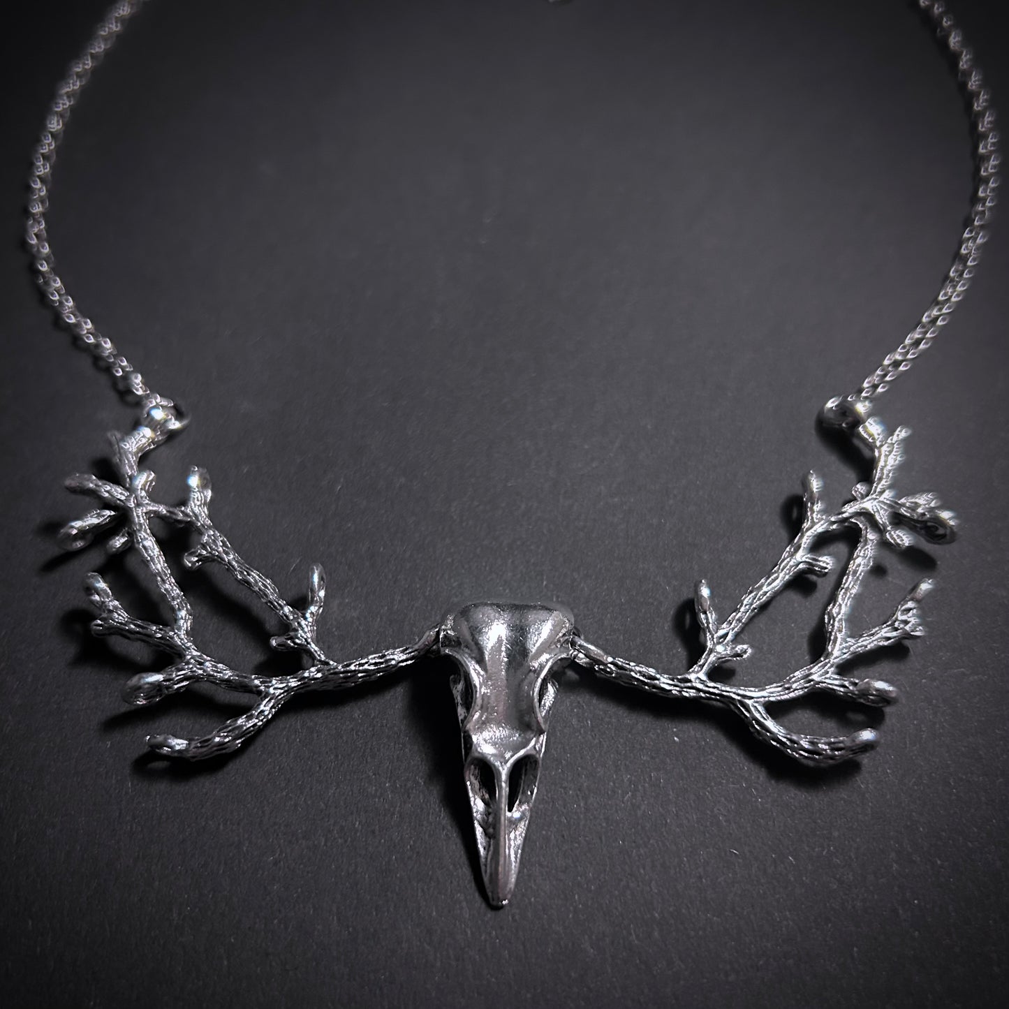 Raven Skull & Branch Silver Necklace