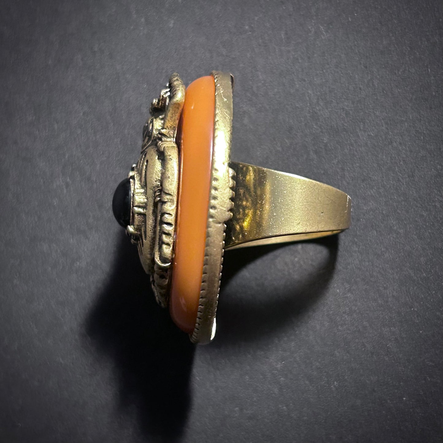 Scarab Beetle Orange Enamel & Antiqued Gold Statement Ring