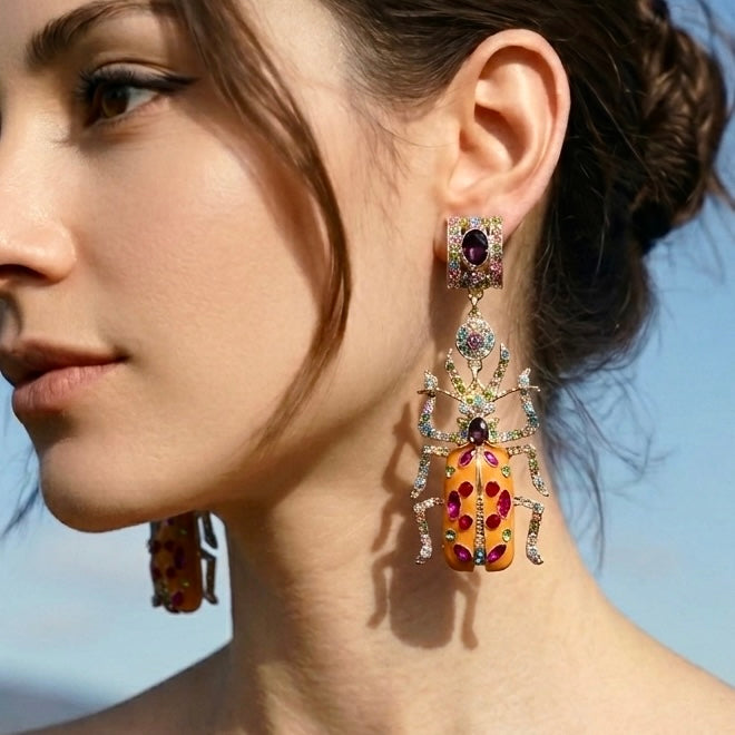 Happy Beetle Statement Earrings with Orange Enamel & Rhinestones