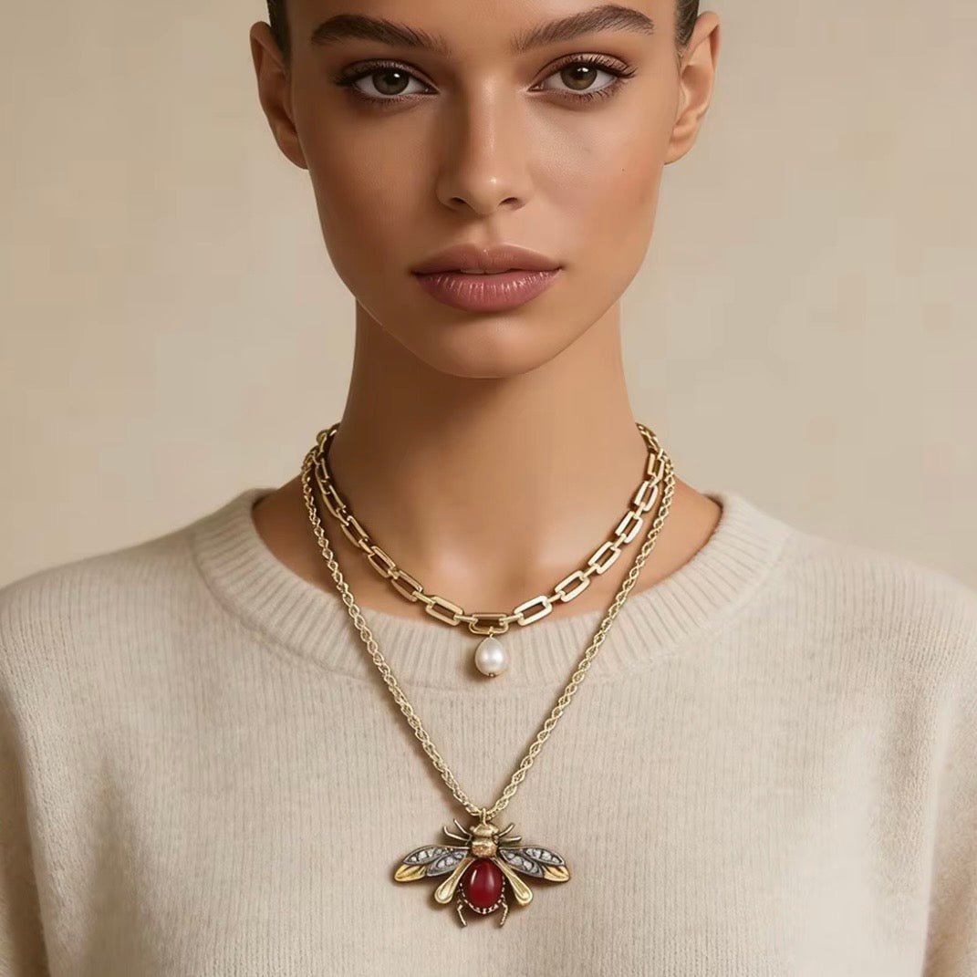 Bee, Ruby & White Pearl Two Row Gold Necklace