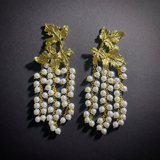 Gold Leaf & Grape White Pearl Earrings