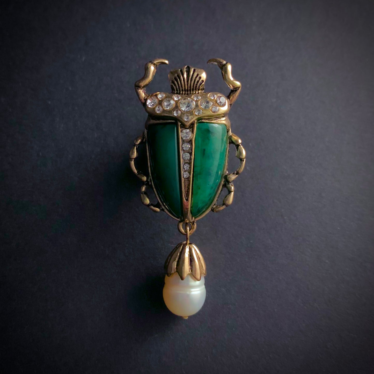 Scarab & Baroque Freshwater Pearl Jade Green Brooch Pin