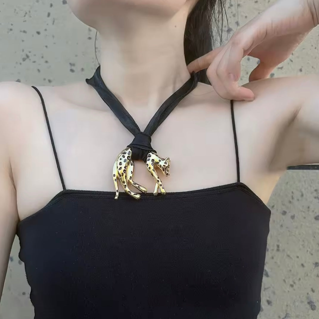 Hanging Leopard Enamel & Organza Necklace