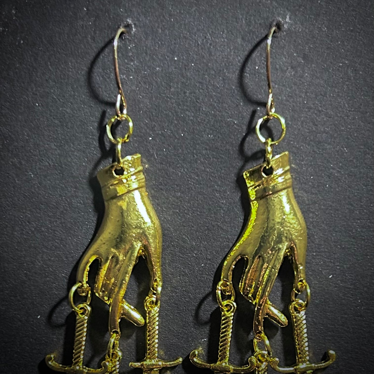 Hand, Dagger & Blood Drops Bad-Ass Golden Chandelier Earrings