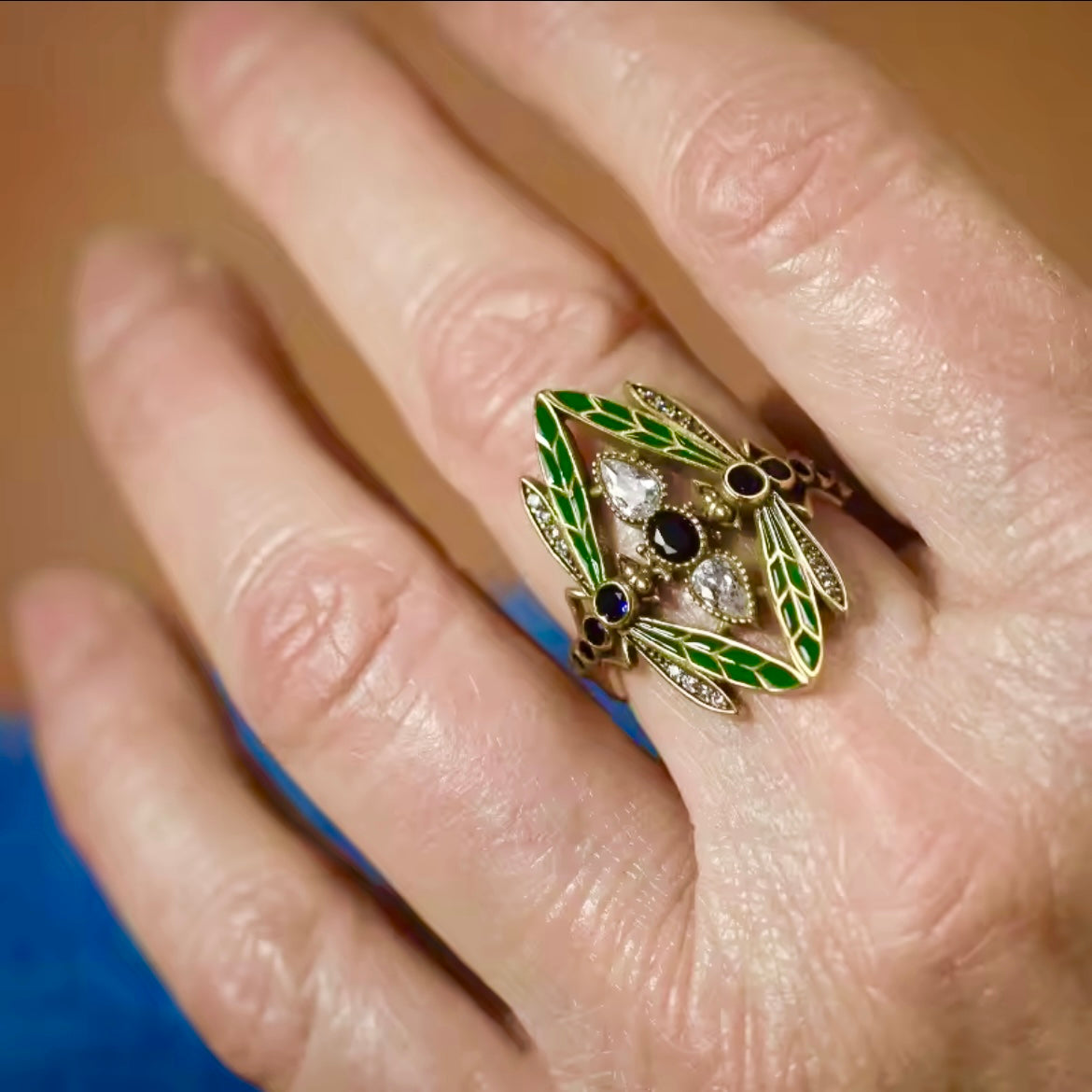 Art Nouveau Dragonfly Cloisonné Enamel & Rhinestones Ring