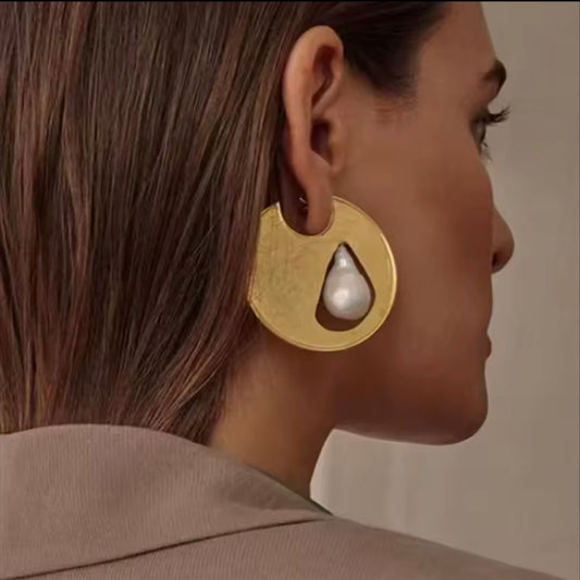 Gold Solid Circle & White Teardrop Baroque Pearl Earrings