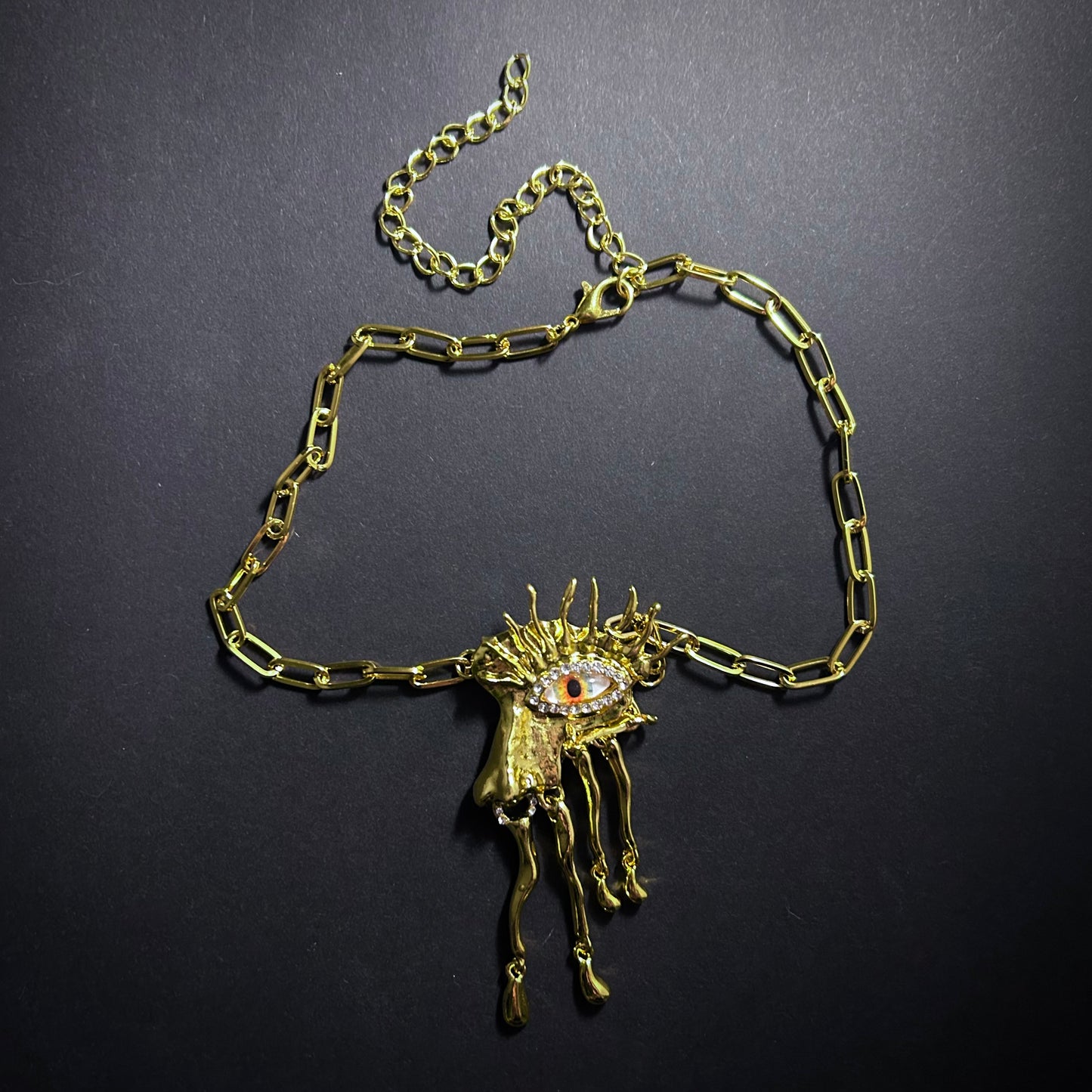 Yellow Eyes Dripping Metal Fringe, Gold & Rhinestones Necklace