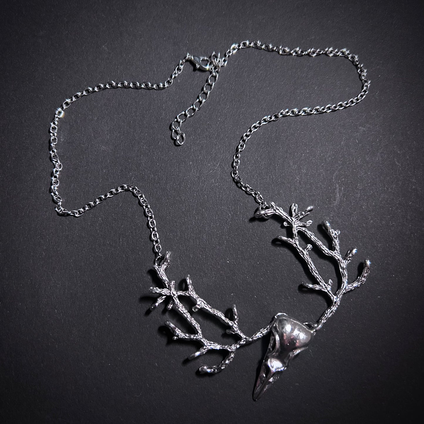 Raven Skull & Branch Silver Necklace