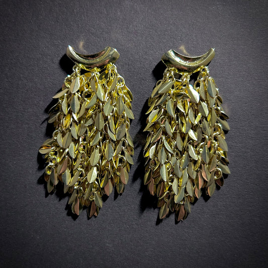 Leaves Waterfall Gold Tassel Statement Earrings