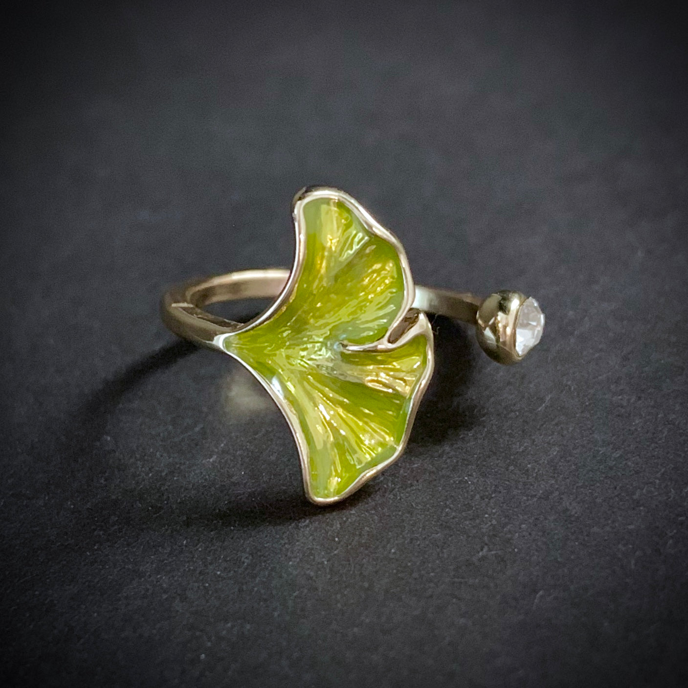 Ginkgo Leaf Enamel & Rhinestone Ring