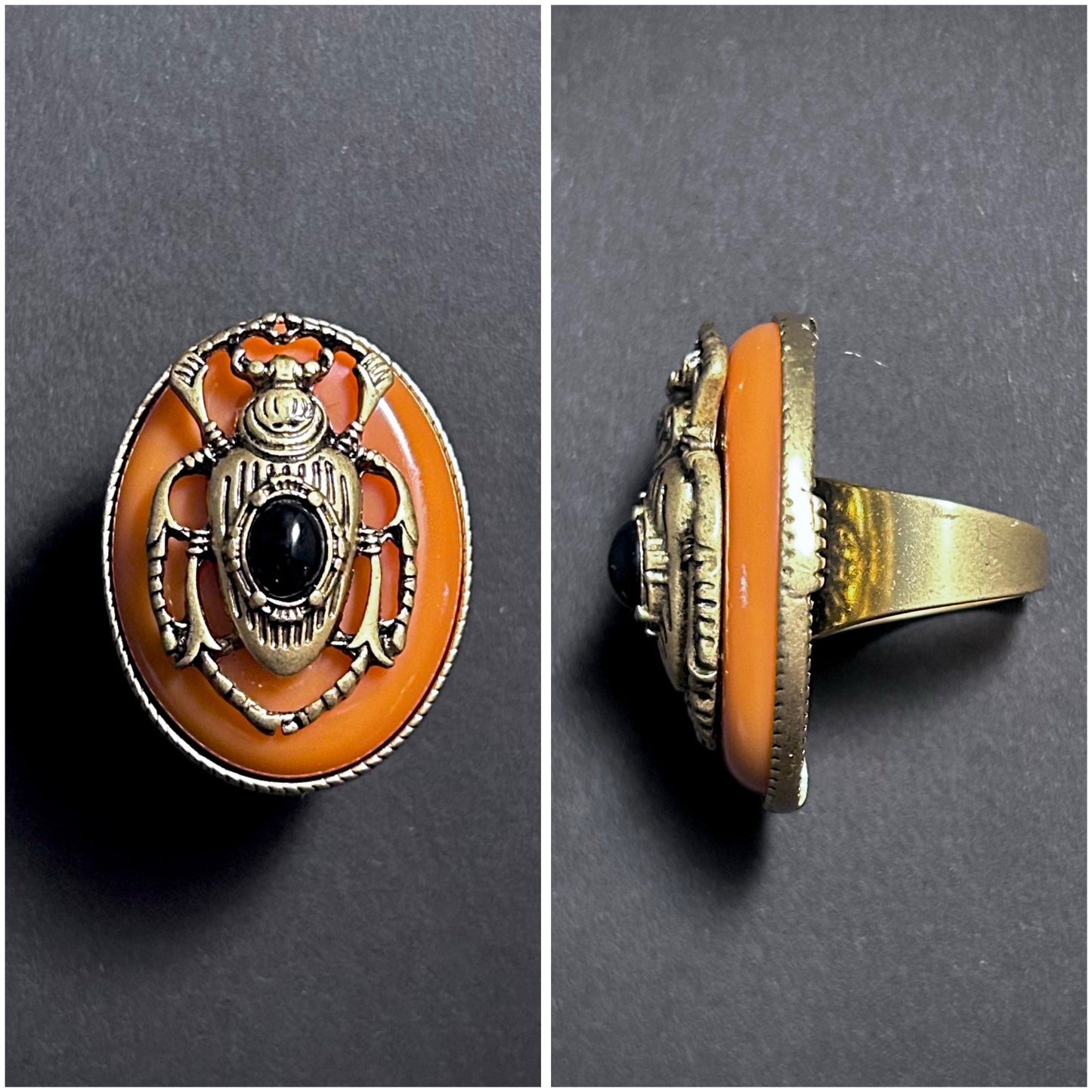 Scarab Beetle Orange Enamel & Antiqued Gold Statement Ring
