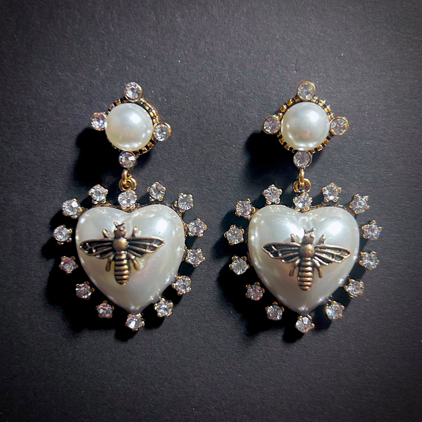 Pearl, Bee & Rhinestone Heart Antiqued Gold Stud Statement Earrings